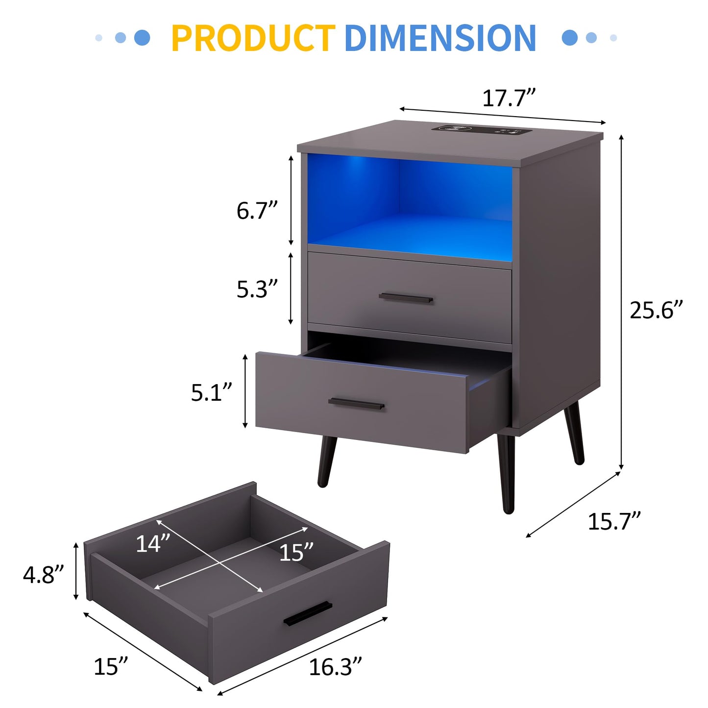 LVSOMT Black Bedside Table with Charging Station and LED Lights, Modern Nightstand with 2 Drawers, Storage Shelf Smart Night Stand for Bedroom Living Room