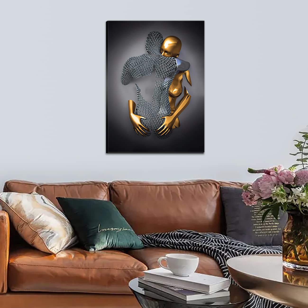 HONEYBABY Bedroom Wall Decor,Framed Romantic Couple Living Room Canvas wall art,Love Heart 3D Metal Sculpture Effect