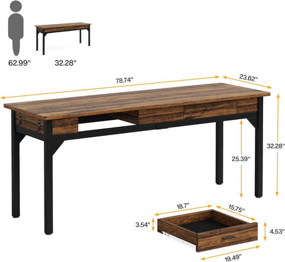 Tribesigns 200cm Computer Desk, 2 Person Computer Desk with Drawers, Large Executive Office Desk, Writing Table Working Desk for Home Office, Rustic Brown