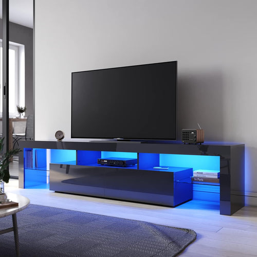 ELEGANT TV Cabinet Furniture with LED Lighting, 200cm High Gloss Black Entertainment Unit