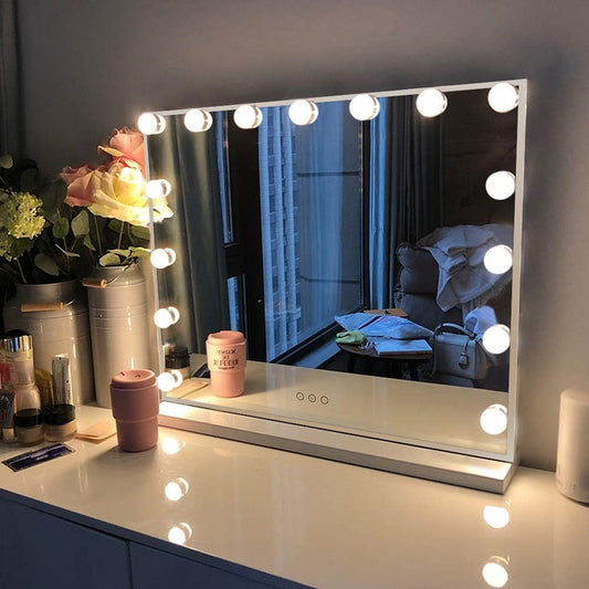 FENCHILIN Vanity Mirror with Lights, Hollywood Lighted Makeup Mirror with 15 Dimmable LED Bulbs for Dressing Room & Bedroom, USB & Type-C Charging Port,Tabletop or Wall-Mounted,White