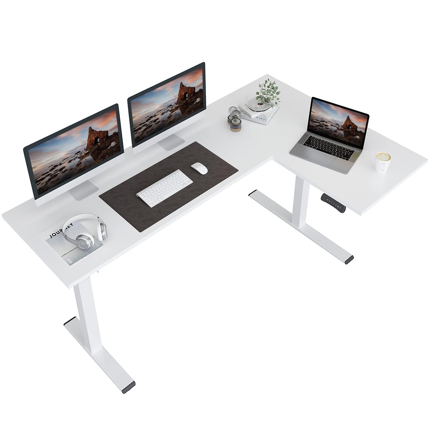 FLEXISPOT Corner Desk Dual Motor L Shaped Computer Electric Standing Sit Stand Up Desk Height Adjustable Home Office Table with Splice Board, 180x120cm White