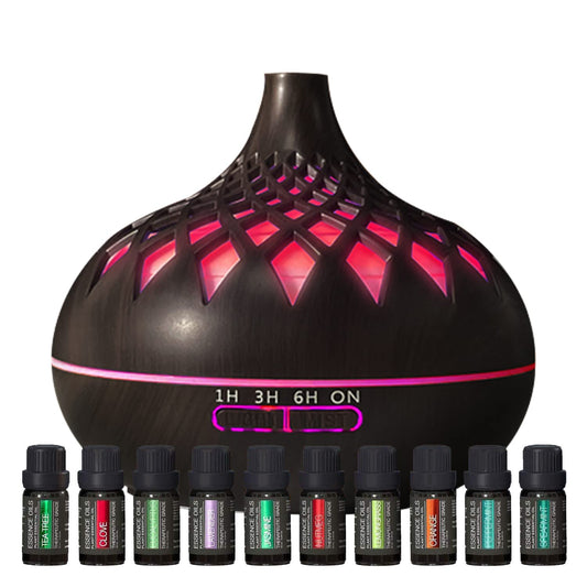 Aromatherapy Diffuser & Essential Oil Set - Ultrasonic Diffuser & Top 10 Essential Oils - 500ml Aromatherapy Humidifier with 4 Timer & 7 Ambient Light Settings