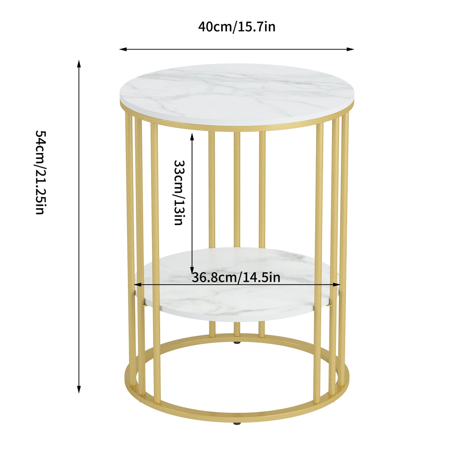 Marble Top Side Table Black: Small Circle End Tables 40 x 54cm Sintered Stone Bedside with Metal Black Legs Modern White Nightstand 2 Tier Round Sofa Side Table for Bedroom Living Room Furniture