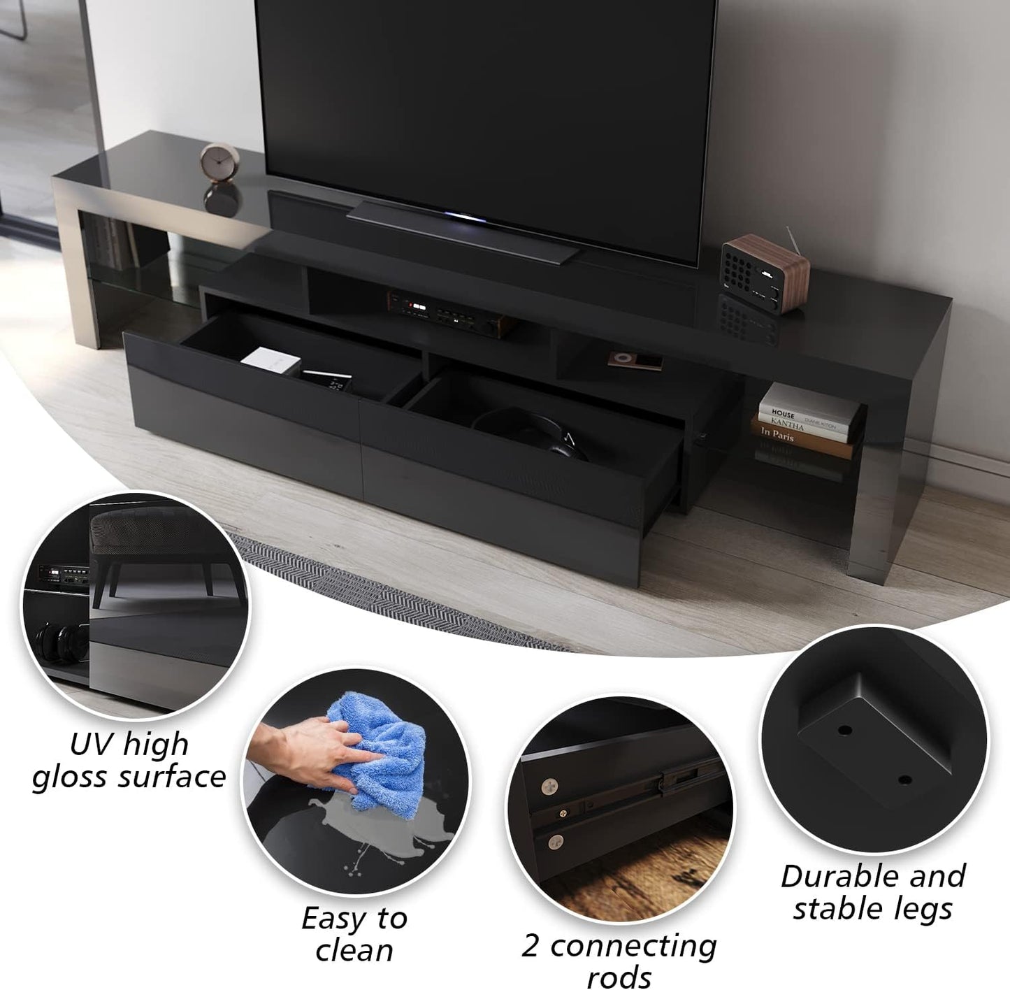 ELEGANT TV Cabinet Furniture with LED Lighting, 200cm High Gloss Black Entertainment Unit