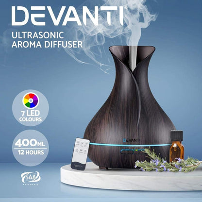 Devanti Aroma Diffuser, 400ml Air Humidifier Purifier Essential Oils Car Freshener Vaporizer Aromatherapy Diffusers Scent Booster Home Office Bedroom Humidifiers Steam, 7 Led Light Brown