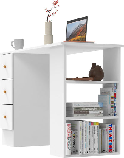 Advwin L-Shaped Computer Desk with Storage Shelf Wooden Workstation Writing Table Modern Office Desks for Study Work from Home, White