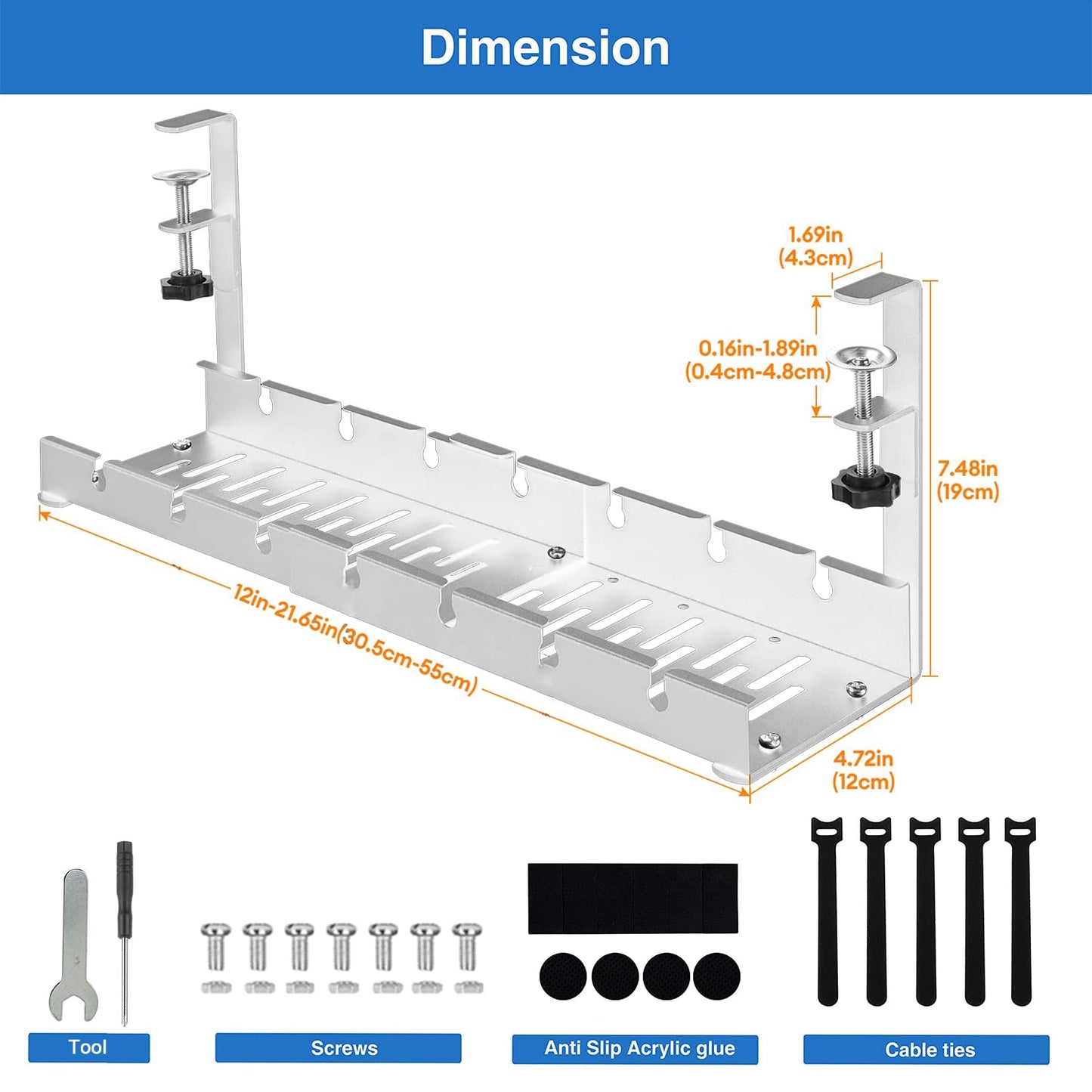 Necomi No Drill Under Desk Cable Management Tray, 21.7" Retractable Clamp Mounted Desk Cable Cord Organizer for Wire Management, Sturdy Metal Cable Tray Basket for Home Office(Black)