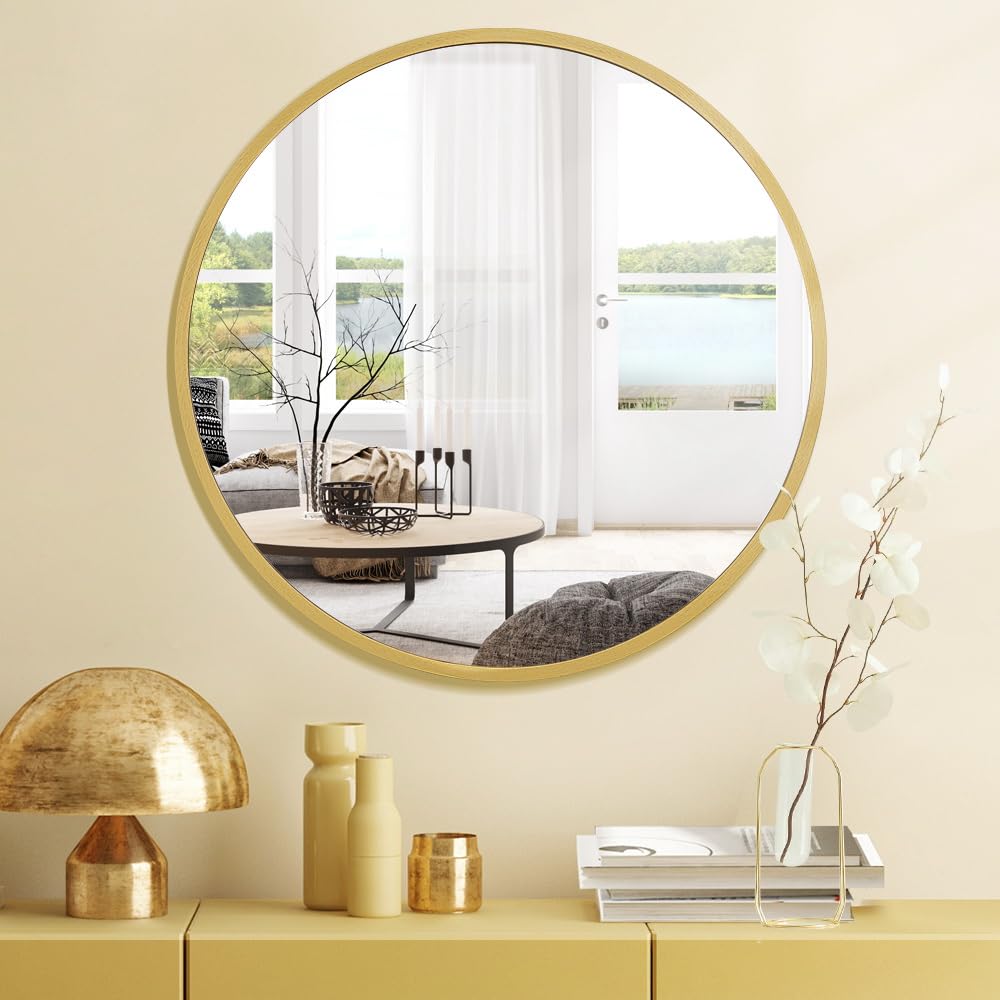 Furb Round Wall Mirror, 80cm Circle Vanity Mirror, Metal Frame Mirror for Living Room, Bathroom, Hallyway (Gold)