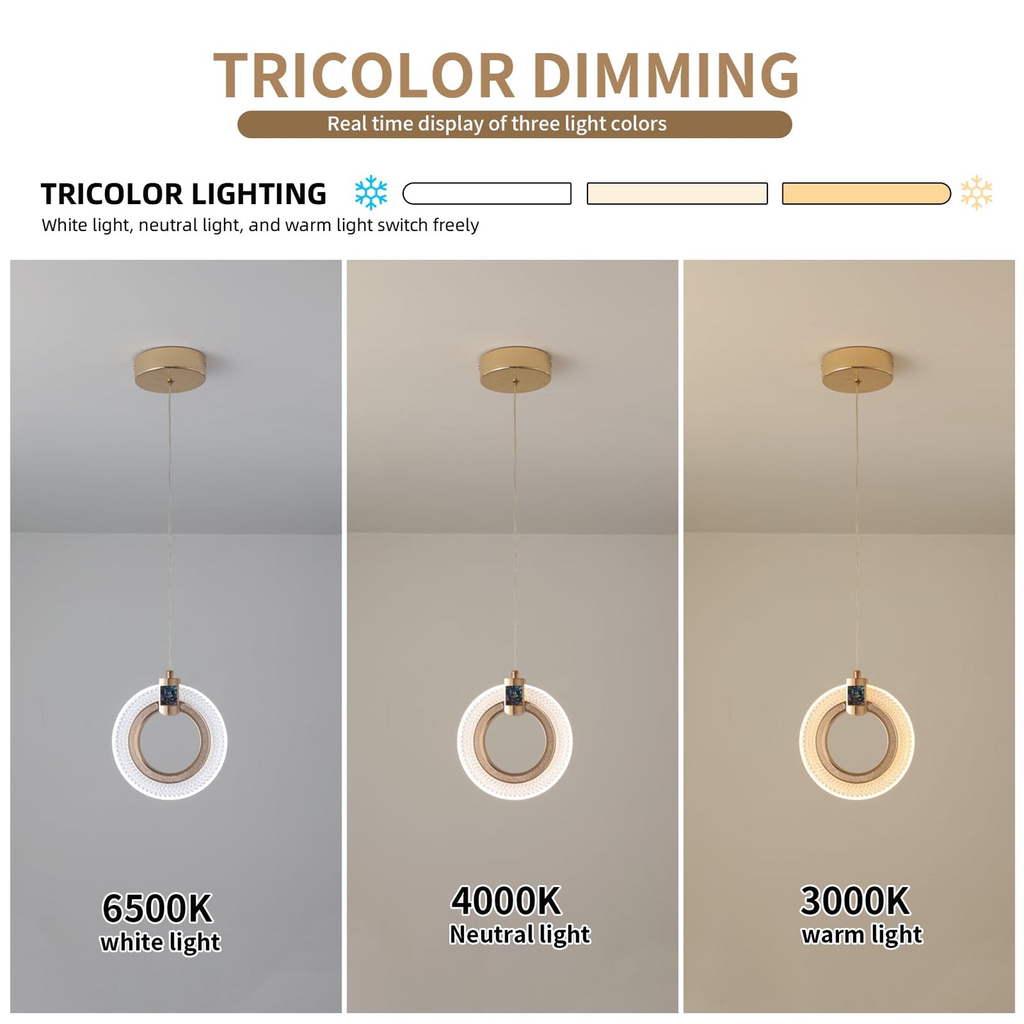 Jiinoo LED Pendant Light, 24W Crystal Chandelier Lighting Modern, Mini Ring Hanging Light Fixture, Semi Flush Mount Ceiling Pendant Lighs Dining Room for Kitchen Living Room Bedroom Entryway 1-Pack