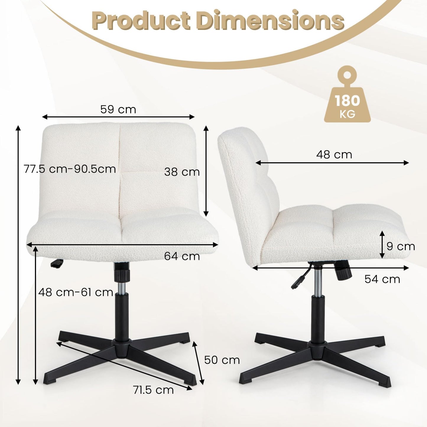 Giantex Cross Legged Chair, PU Leather 64cm Wide Armless Desk Chair No Wheels, Swivel Height Adjustable Task Chair, Rocking Function, Vanity Chair for Home Office,180 KG Weight Capacity, Beige