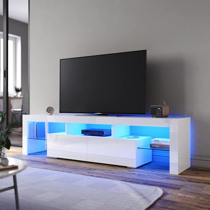 ELEGANT TV Cabinet Furniture with LED Lighting, 200cm High Gloss Black Entertainment Unit