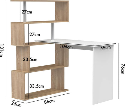 ADVWIN Office Desk Rotating Desk, Wooden Study Desk Table with Storage Shelves, Corner Desk Movable Laptop Table, White & Wood Computer Desk