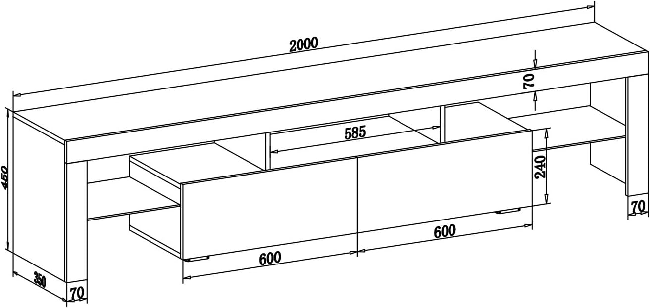 ELEGANT TV Cabinet Furniture with LED Lighting, 200cm High Gloss Black Entertainment Unit