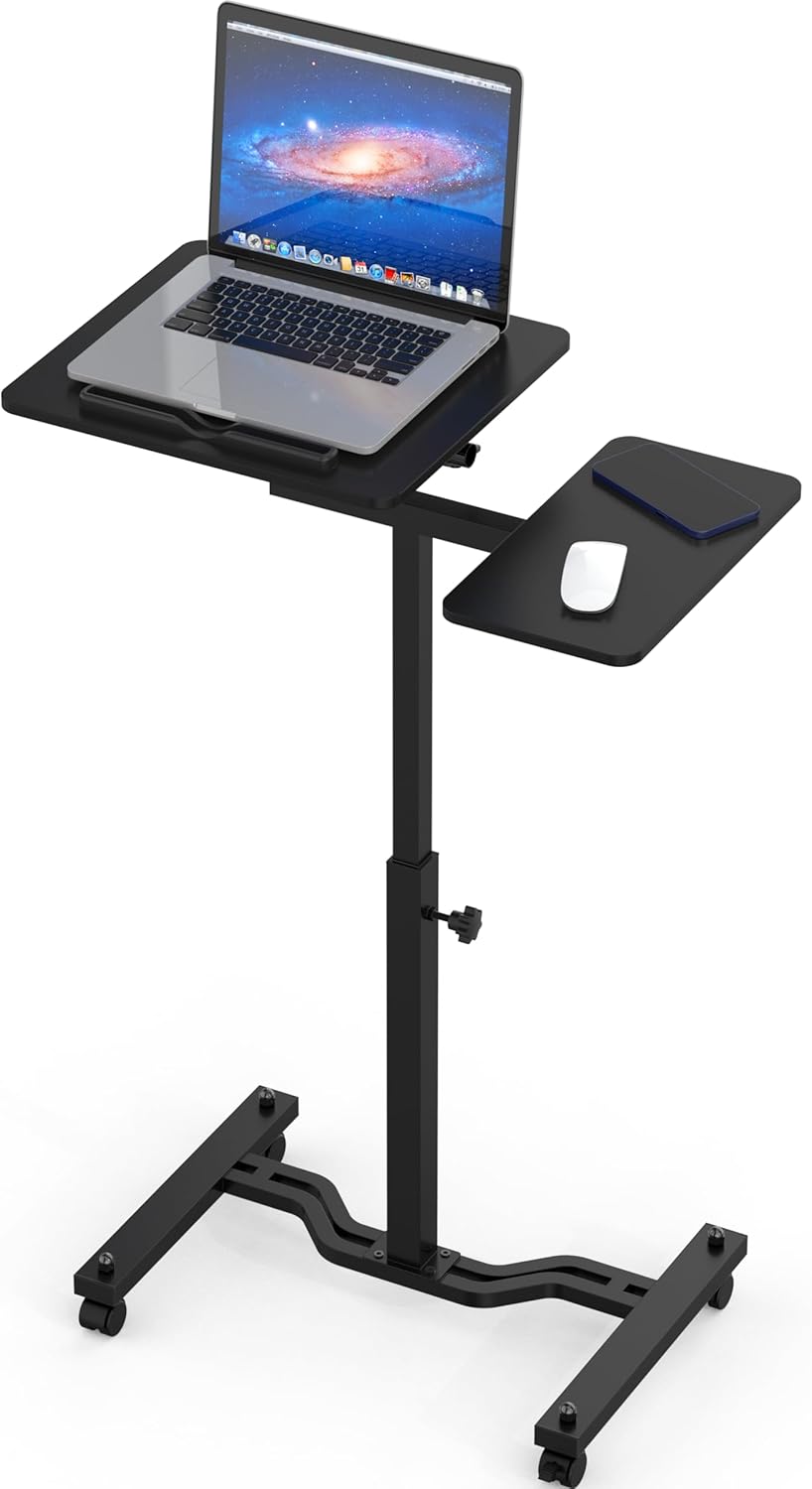 SHW Height Adjustable Laptop Stand Cart with Tilting Desktop and Side Shelf, Black