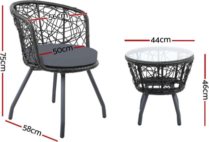 Gardeon 3pcs Wicker Patio Furniture, Bistro Set Table and Chairs Outdoor Lounge Setting Conversation Sets Dining Chair Garden Backyard, Cushion with Rattan Coffee Table Round Black