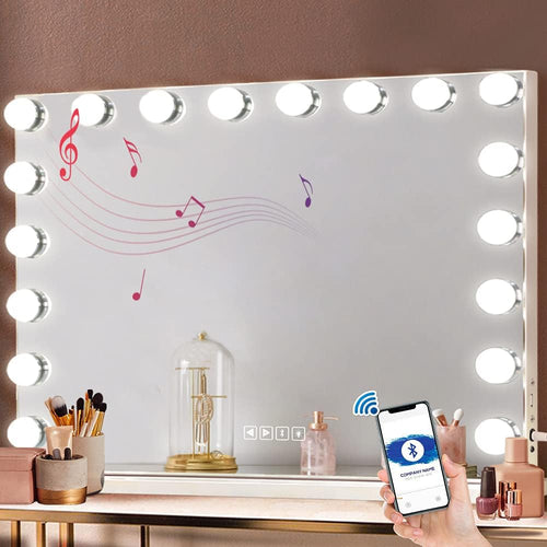 FENCHILIN Vanity Smart Mirror with Lights Bluetooth Speaker USB Power Charging Large Hollywood Lighted Mirror with 18 Dimming LED Bulbs for Tabletop/Wall-Mounted