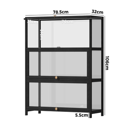 OIKITURE 3 Tier Display Shelves Hallway Cabinet, 78.5x32x106CM, Storage Cabinet with Magnetic Closure Clear Door for Hallway Bathroom Dining Room Living Room, Black