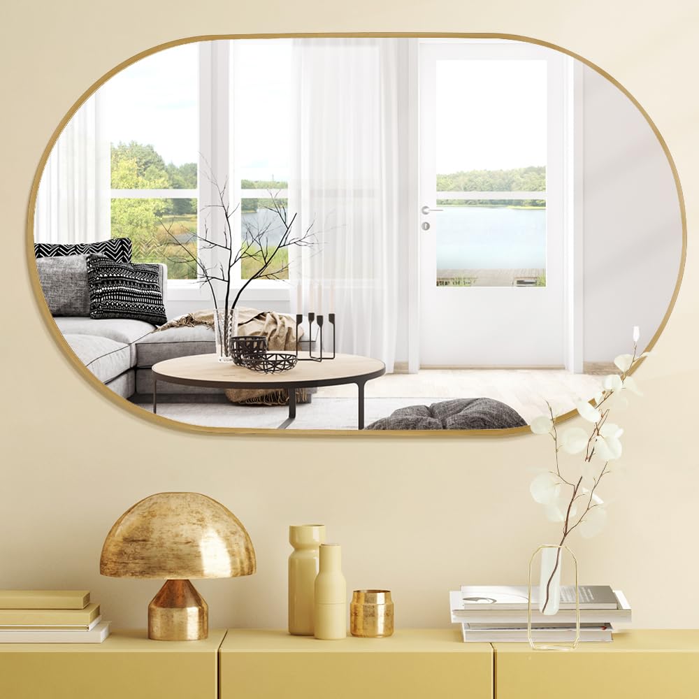 Furb Round Wall Mirror, 80cm Circle Vanity Mirror, Metal Frame Mirror for Living Room, Bathroom, Hallyway (Gold)