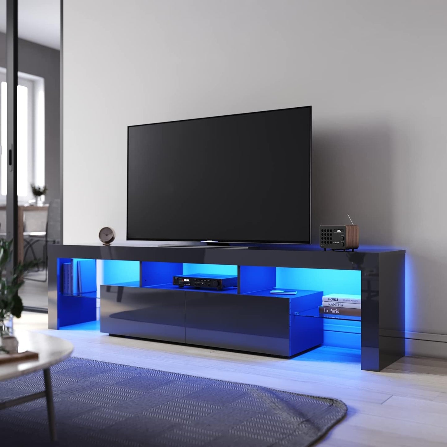 ELEGANT TV Cabinet Furniture with LED Lighting, 200cm High Gloss Black Entertainment Unit