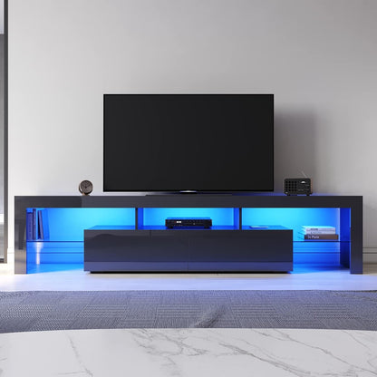 ELEGANT TV Cabinet Furniture with LED Lighting, 200cm High Gloss Black Entertainment Unit