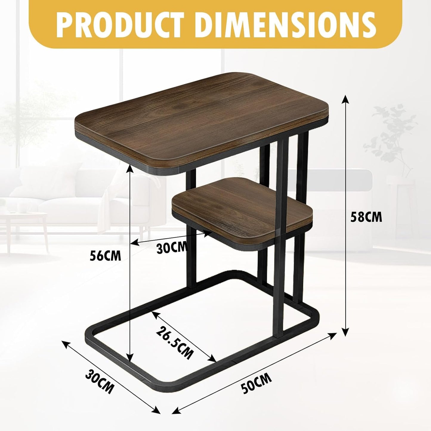 DAWNTREES Side Table C-Shaped Coffee Table Imitation Marble Texture 2-Layer Storage Shelf Living Room Tea Table Sofa Side Table 56x50x30cm,Gold Frame Whiteboard