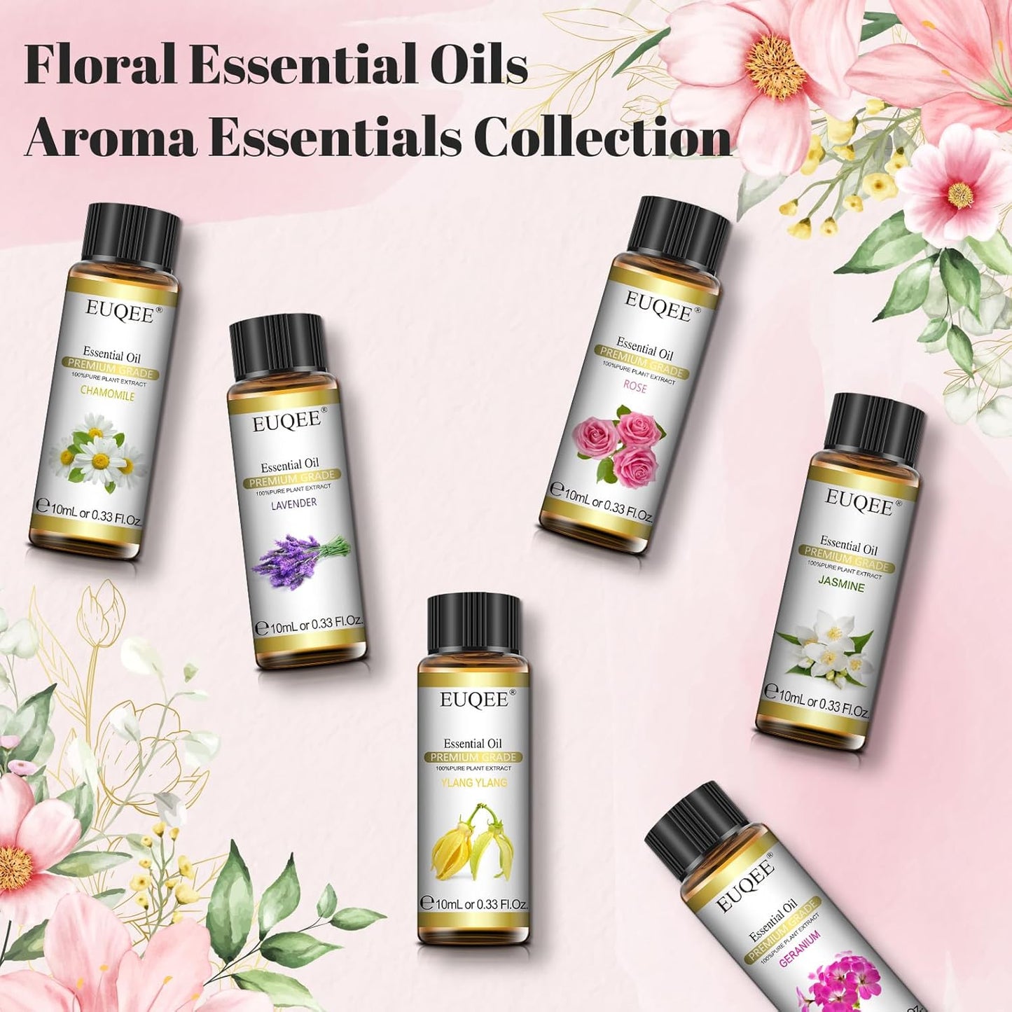 EUQEE Floral Essential Oils Set of 6 Pure Essential Oil Gift Set for Diffusers, Candle Making - Lavender, Rose, Ylang Ylang, Jasmine, Geranium, Chamomile Aromatherapy Oils - 10ml