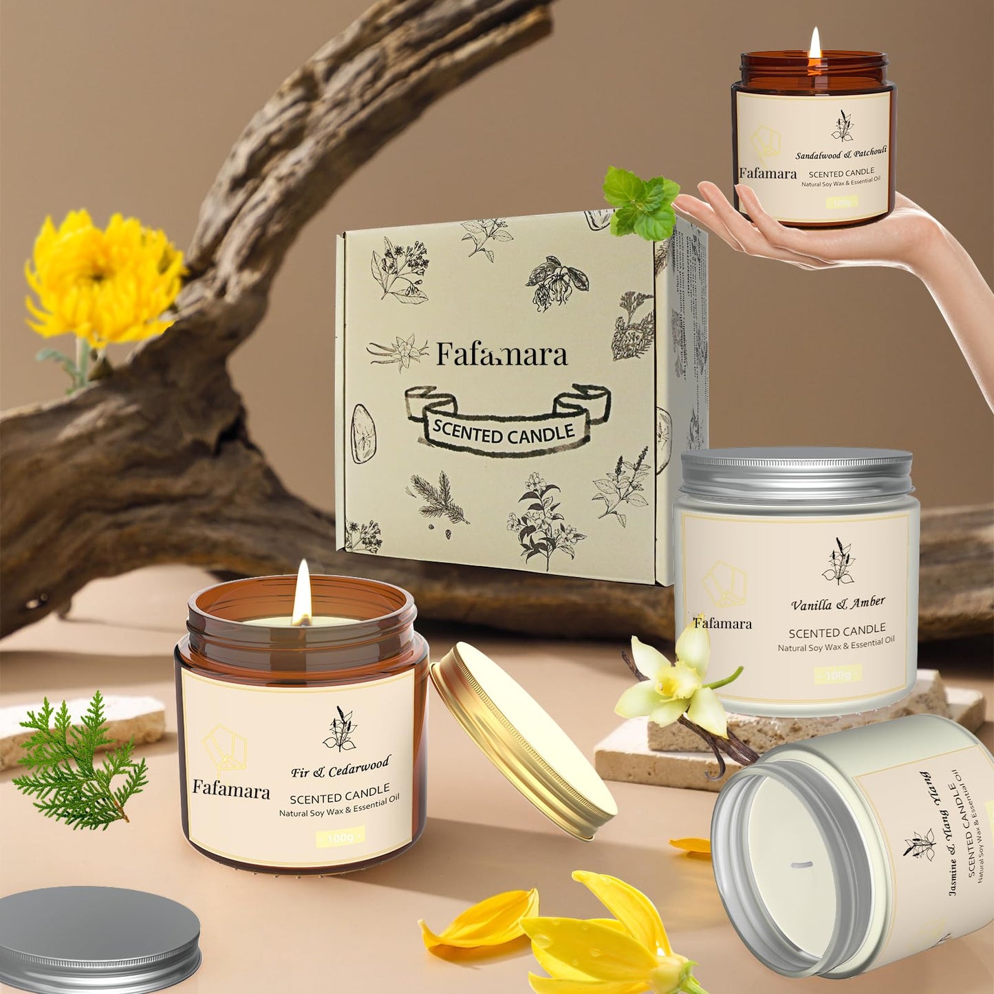 Fafamara Scented Candle Gift Set, 4 Relaxing Aromatherapy Candles for Women, Jasmine & Ylang Ylang, Sandalwood & Patchouli, Fir & Cedarwood, Vanilla & Amber, for Christmas, Birthday, Anniversary