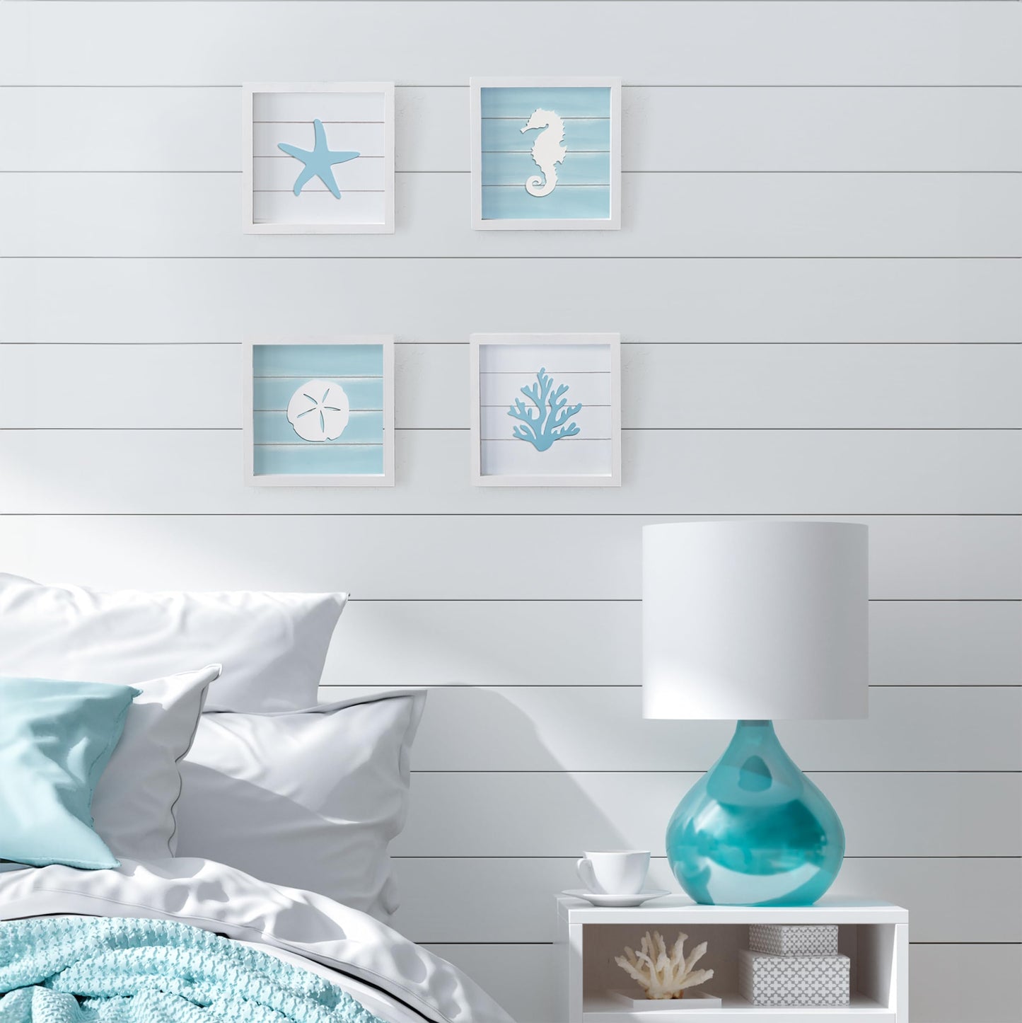 TideAndTales Ocean Beach Themed Room Decor (Framed Set of 4) Coastal 3D Wall Art with Starfish, Seahorse, Sand Dollar and Coral - Turquoise Coastal Room Decor - Seashell Beach Decorations for Home