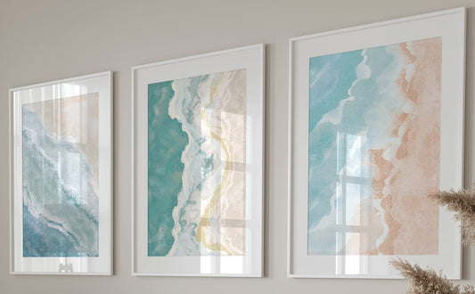 Abstract Beach Waves Set of 3 Unframed Wall Prints, Beach Sea Sand Coastal Landscape Bathroom Wall Art, Home Décor, Watercolour Style Abstract, Ocean Gallery Wall Art (A4)