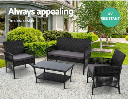 Gardeon 4PCS Outdoor Sofa Set Wicker Harp Chair Table Garden Furniture Black