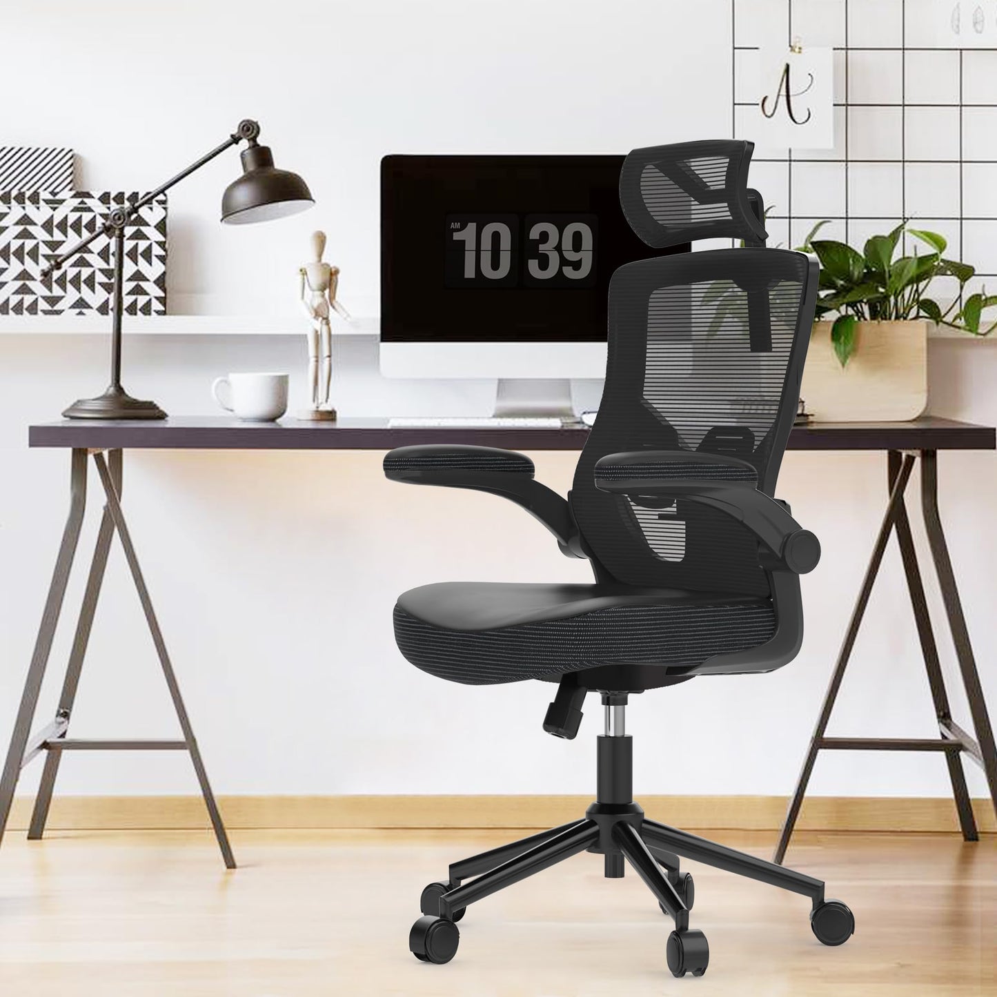 𝑯𝑶𝑴𝑬 𝑶𝑭𝑭𝑰𝑪𝑬 𝑪𝑯𝑨𝑰𝑹, Ergonomic Mesh Desk Chair, High Back Computer Chair- Adjustable Headrest with Flip-Up Arms, Lumbar Support, Swivel Executive Task Chair (Modern, White)