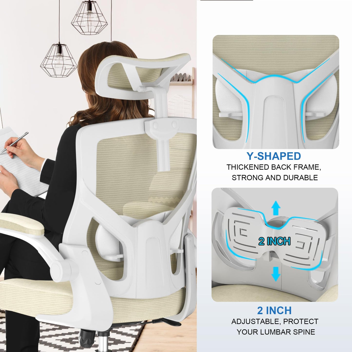 𝑯𝑶𝑴𝑬 𝑶𝑭𝑭𝑰𝑪𝑬 𝑪𝑯𝑨𝑰𝑹, Ergonomic Mesh Desk Chair, High Back Computer Chair- Adjustable Headrest with Flip-Up Arms, Lumbar Support, Swivel Executive Task Chair (Modern, White)