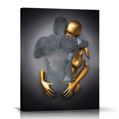 HONEYBABY Bedroom Wall Decor,Framed Romantic Couple Living Room Canvas wall art,Love Heart 3D Metal Sculpture Effect