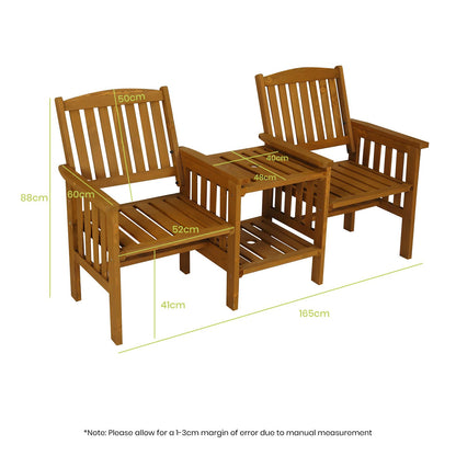 HortiKRAFT Wooden Outdoor Loveseats and Table Set - Fir Wood Twin Seats and Integrated Table Patio Conversation Set with 2-Seater Armchairs and Coffee Table Durable Garden Bench Furniture - White