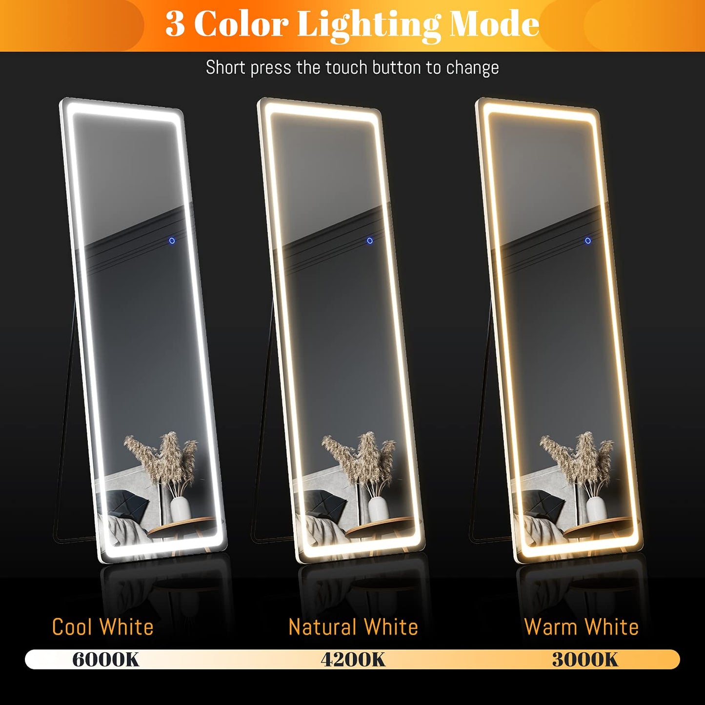 ELEGANT LED Floor Mirror, Wall Mounted Hanging Mirror with Lights, LED Lighted Full Body Dressing Mirror, Large Vanity Mirror for Bedroom 160 x 50 cm