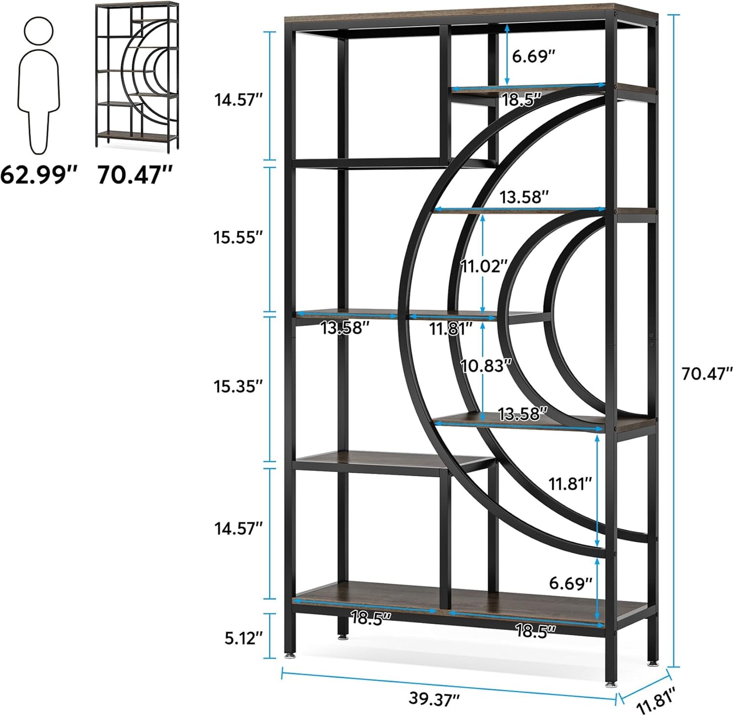 Tribesigns 71 inches Geometric Bookcase, Industrial 8-Tiers Bookshelves, Rustic Etagere Bookcase with Metal Frame, Tall Freestanding Open Storage Shelving Units for Home Office, Living Room