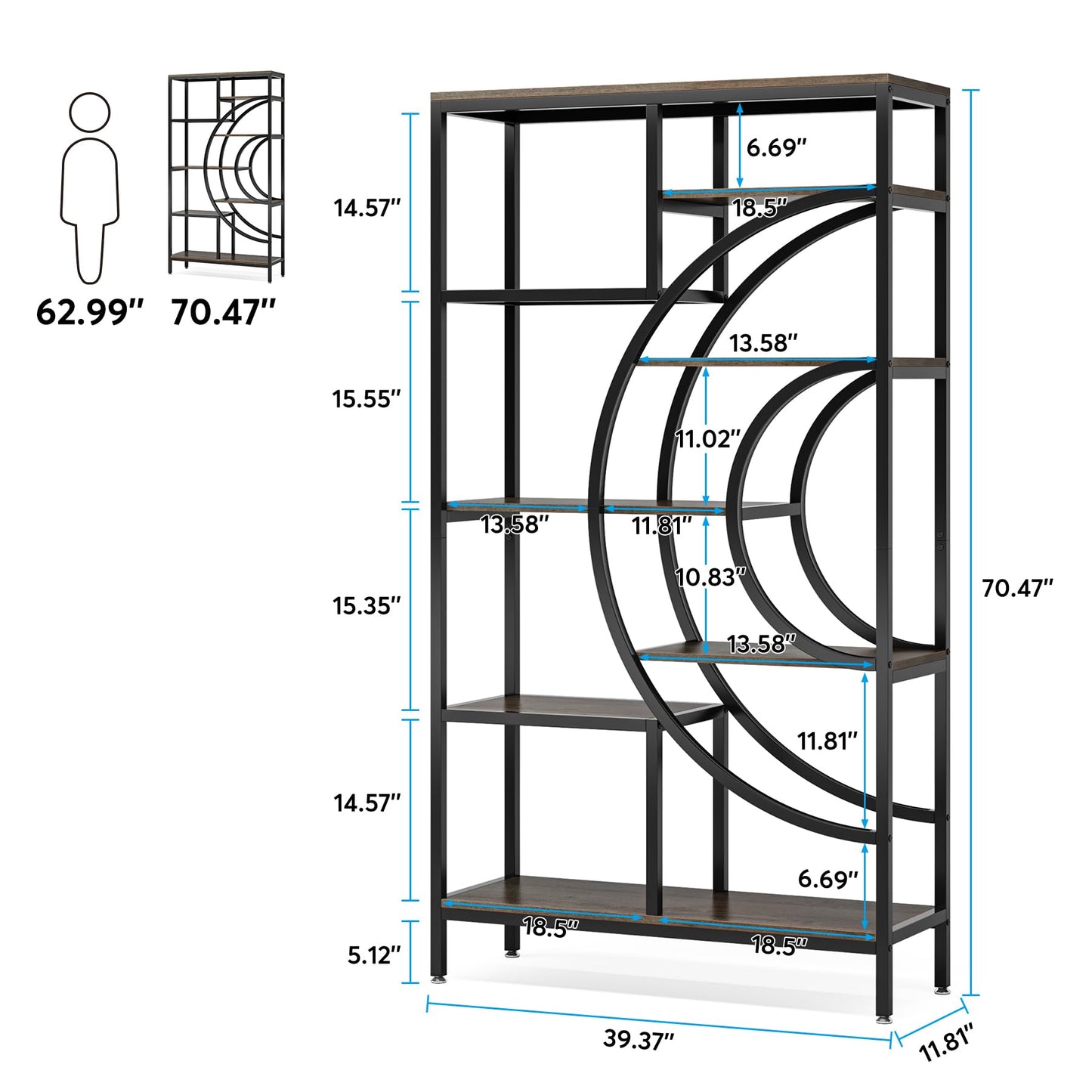 Tribesigns 71 inches Geometric Bookcase, Industrial 8-Tiers Bookshelves, Rustic Etagere Bookcase with Metal Frame, Tall Freestanding Open Storage Shelving Units for Home Office, Living Room