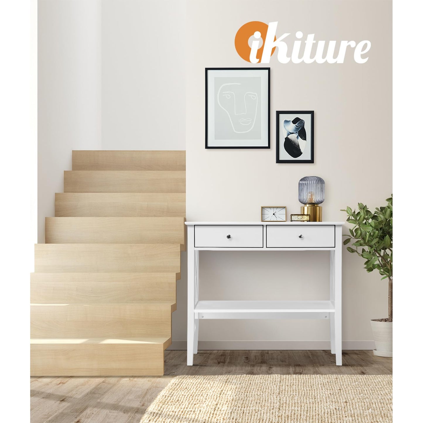 Oikiture Hallway Table Console Table with Marble Tabletop and Steel Frame 95cm