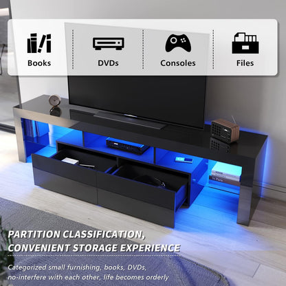 ELEGANT TV Cabinet Furniture with LED Lighting, 200cm High Gloss Black Entertainment Unit