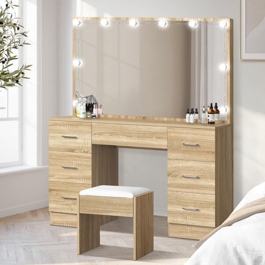 Oikiture Dressing Table with Extra Biggest Mirror 113cm Makeup Mirror Vanity Desk with 7 Storage Drawers and Stool Wood