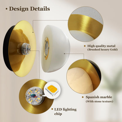 ZSnorthzun Wall Lighting Fixtures, Modern Gold Wall Sconce Light, LED Indoor Lighting Wall Lamp, Indoor Sconces for Living Room, Bedroom, Hallway Marble 7W 3000k/4000k/6000k (Gold)