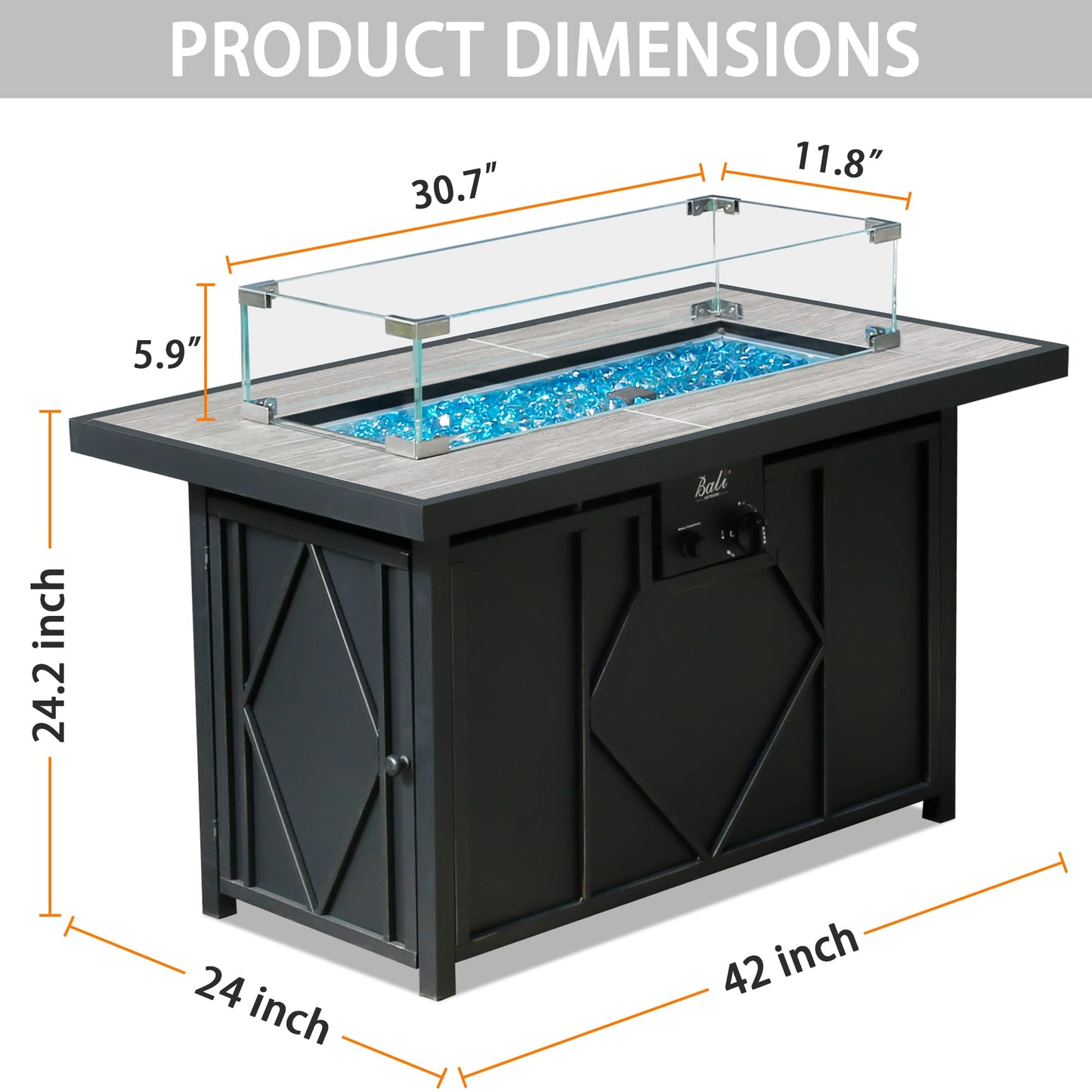 Bali Outdoors Propane Fire Pit Table, 42 inch 60,000 BTU Gas FirePit Table with Glass Wind Guard, Rectangular Fire Pit with Tile Tabletop