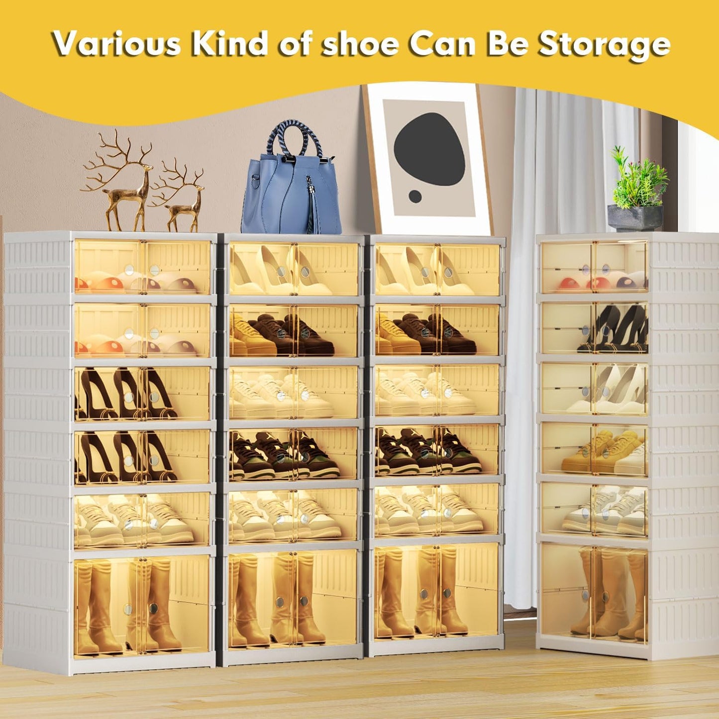 Foldable Shoe Rack Organizer for Closet, 6-Tier 12Pairs Folding Shoe Box Storage Cabinet with Clear Door, Plastic Collapsible Shoe Shelf with Lids Easy Assembly for Entryway, Front Door, Living Room