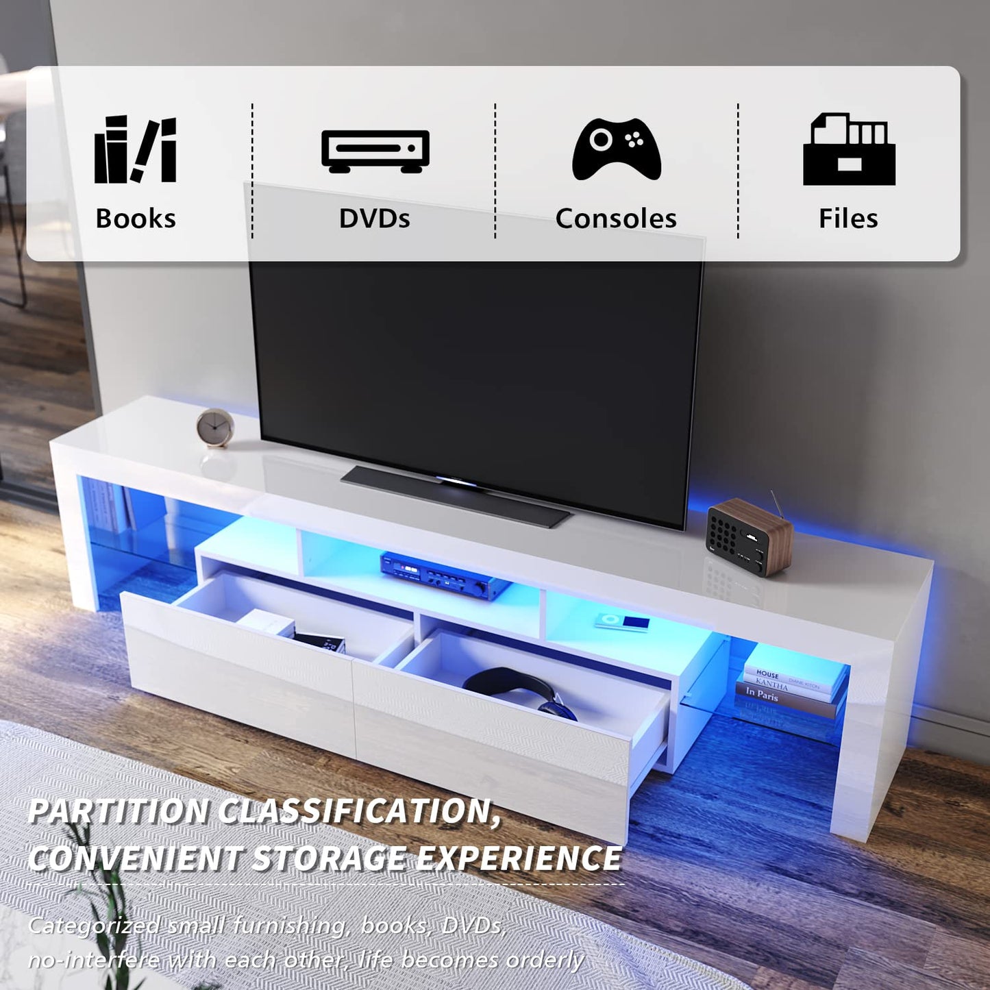 ELEGANT TV Cabinet Furniture with LED Lighting, 200cm High Gloss Black Entertainment Unit