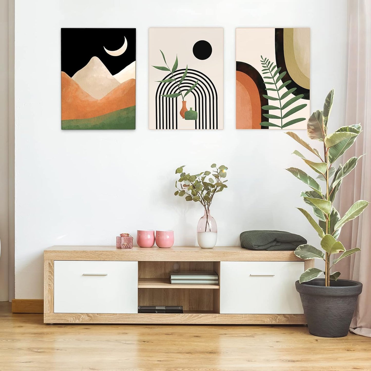 Gisipameis Boho Wall Art Set of 3 Mid Century Modern Wall Decor Framed Canvas Print 12"x16" Minimalist Wall Art Geometric Abstract Modern Neutral Boho Wall Art Decor for Living Room Bathroom