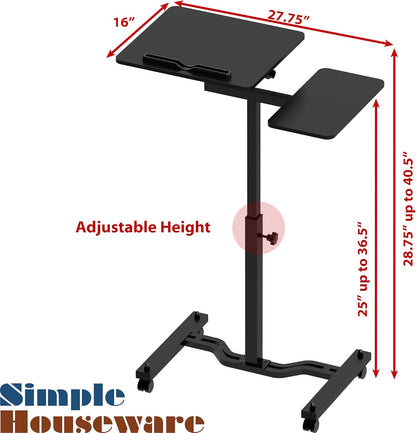 SHW Height Adjustable Laptop Stand Cart with Tilting Desktop and Side Shelf, Black