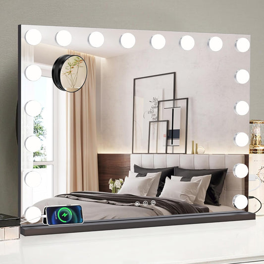 Vanity Makeup Mirror with Lights,Hollywood Vanity Mirror with 3 Color Modes,Lighted Vanity Mirror with Dimmable LED Bulbs &10X Magnification for Desk,Bedroom,Tabletop,Wall-Mounted (Black（80x60cm）)