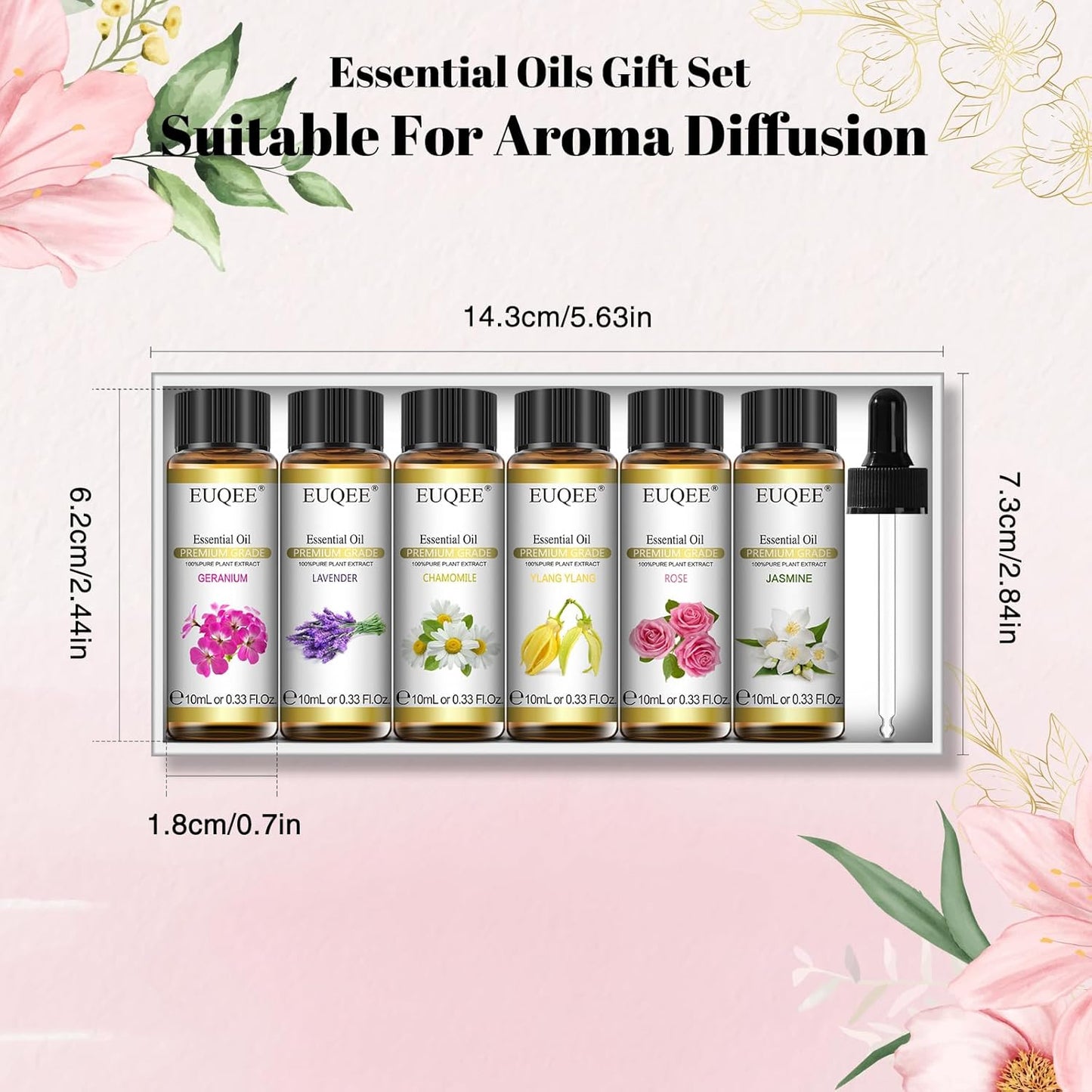 EUQEE Floral Essential Oils Set of 6 Pure Essential Oil Gift Set for Diffusers, Candle Making - Lavender, Rose, Ylang Ylang, Jasmine, Geranium, Chamomile Aromatherapy Oils - 10ml