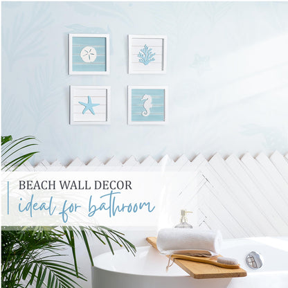 TideAndTales Ocean Beach Themed Room Decor (Framed Set of 4) Coastal 3D Wall Art with Starfish, Seahorse, Sand Dollar and Coral - Turquoise Coastal Room Decor - Seashell Beach Decorations for Home